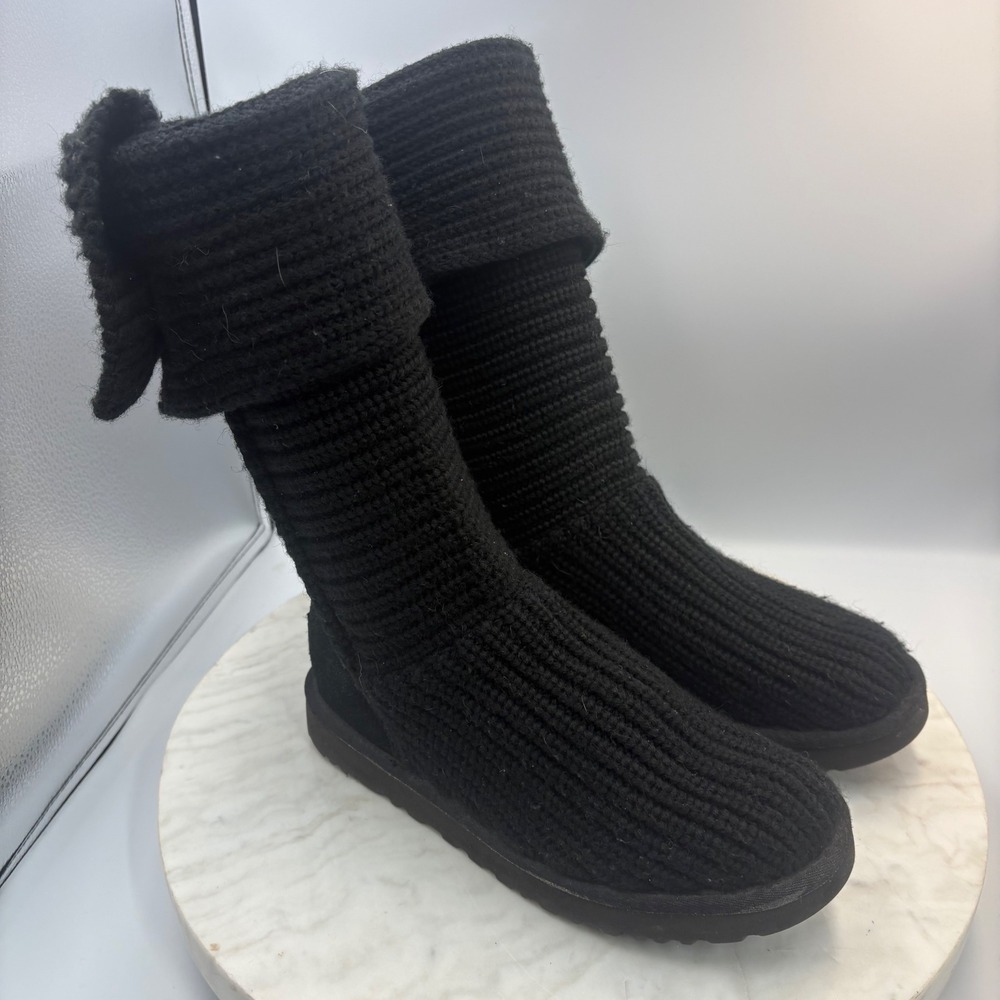 UGG Tall Knit Sweater Boots Black Classic Cardy Button Pull On Winter Sz 8 Warm